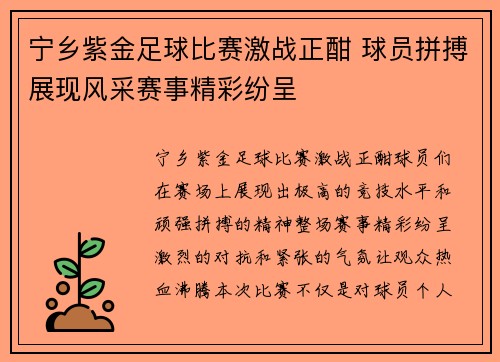 宁乡紫金足球比赛激战正酣 球员拼搏展现风采赛事精彩纷呈
