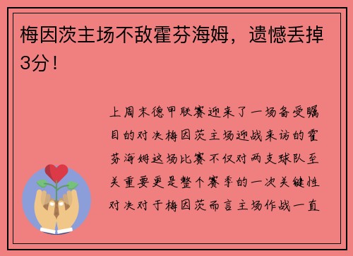 梅因茨主场不敌霍芬海姆，遗憾丢掉3分！