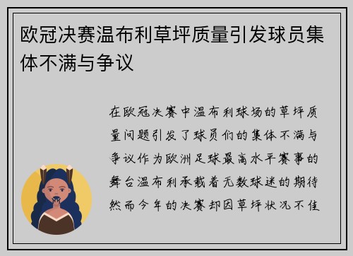欧冠决赛温布利草坪质量引发球员集体不满与争议