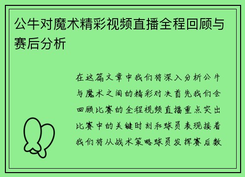 公牛对魔术精彩视频直播全程回顾与赛后分析