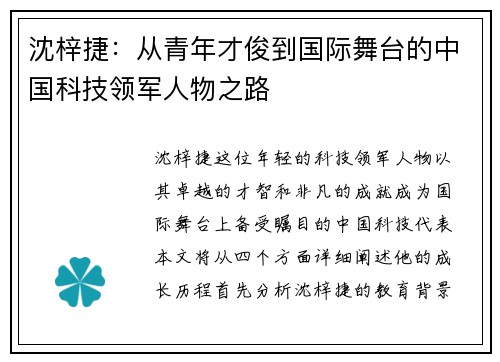 沈梓捷：从青年才俊到国际舞台的中国科技领军人物之路