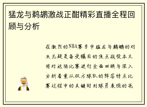 猛龙与鹈鹕激战正酣精彩直播全程回顾与分析
