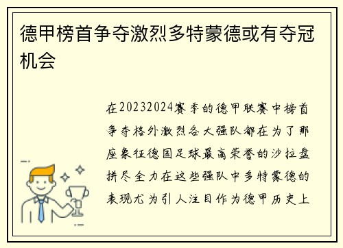 德甲榜首争夺激烈多特蒙德或有夺冠机会