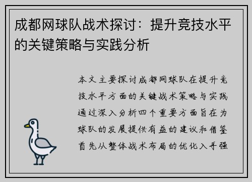 成都网球队战术探讨：提升竞技水平的关键策略与实践分析
