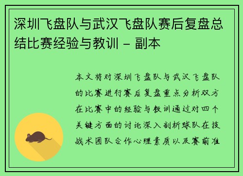深圳飞盘队与武汉飞盘队赛后复盘总结比赛经验与教训 - 副本